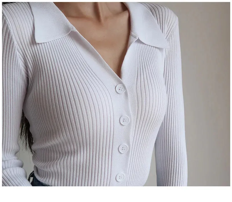 Women 2023 New Lapel Slim Slimming Tops Ladies Hollow Buttons Sexy V Neck Long Sleeve POLO Neck Knit Cardigan Sweater Women