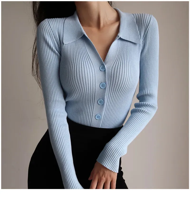 Women 2023 New Lapel Slim Slimming Tops Ladies Hollow Buttons Sexy V Neck Long Sleeve POLO Neck Knit Cardigan Sweater Women