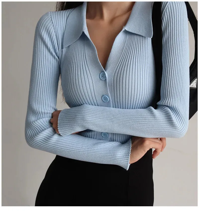 Women 2023 New Lapel Slim Slimming Tops Ladies Hollow Buttons Sexy V Neck Long Sleeve POLO Neck Knit Cardigan Sweater Women