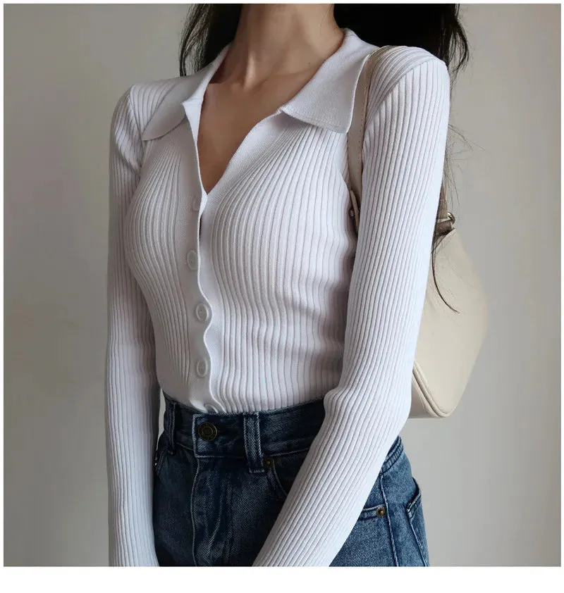 Women 2023 New Lapel Slim Slimming Tops Ladies Hollow Buttons Sexy V Neck Long Sleeve POLO Neck Knit Cardigan Sweater Women