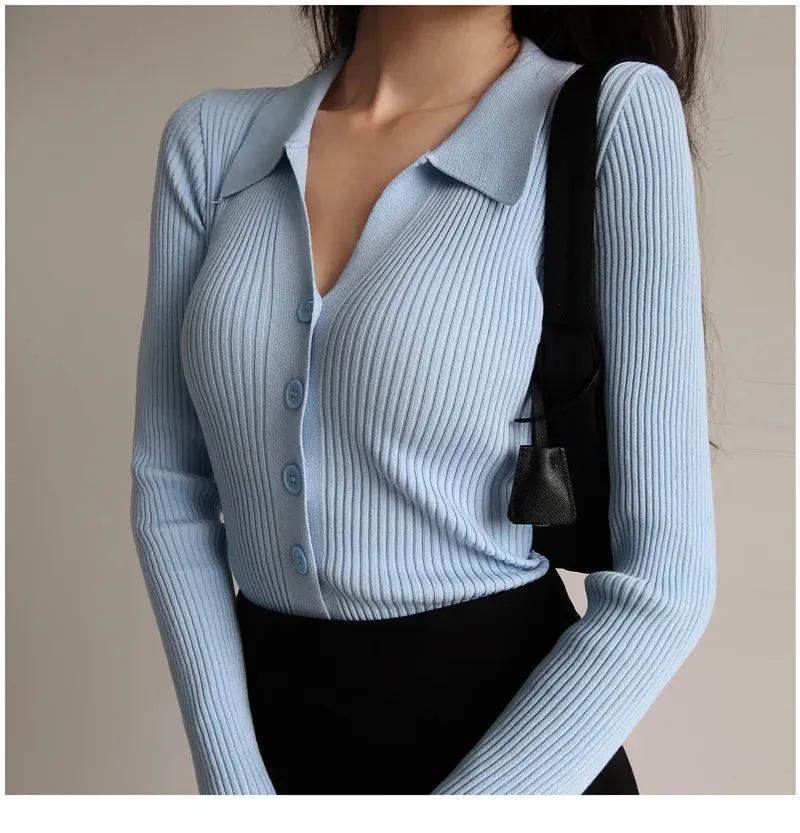 Women 2023 New Lapel Slim Slimming Tops Ladies Hollow Buttons Sexy V Neck Long Sleeve POLO Neck Knit Cardigan Sweater Women