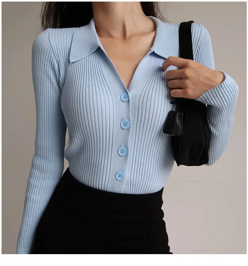 Women 2023 New Lapel Slim Slimming Tops Ladies Hollow Buttons Sexy V Neck Long Sleeve POLO Neck Knit Cardigan Sweater Women