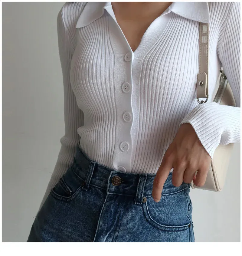 Women 2023 New Lapel Slim Slimming Tops Ladies Hollow Buttons Sexy V Neck Long Sleeve POLO Neck Knit Cardigan Sweater Women