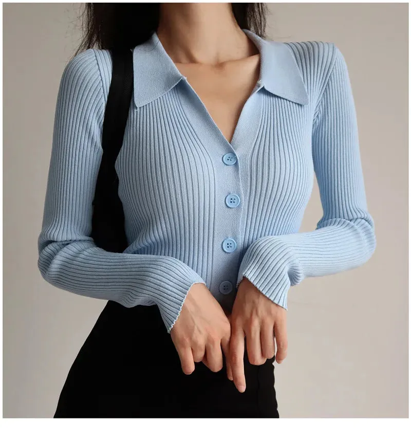 Women 2023 New Lapel Slim Slimming Tops Ladies Hollow Buttons Sexy V Neck Long Sleeve POLO Neck Knit Cardigan Sweater Women