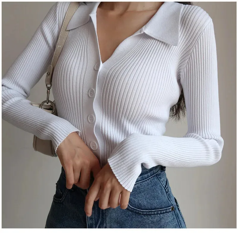 Women 2023 New Lapel Slim Slimming Tops Ladies Hollow Buttons Sexy V Neck Long Sleeve POLO Neck Knit Cardigan Sweater Women