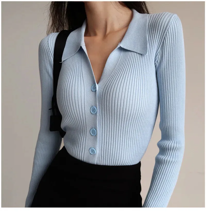 Women 2023 New Lapel Slim Slimming Tops Ladies Hollow Buttons Sexy V Neck Long Sleeve POLO Neck Knit Cardigan Sweater Women