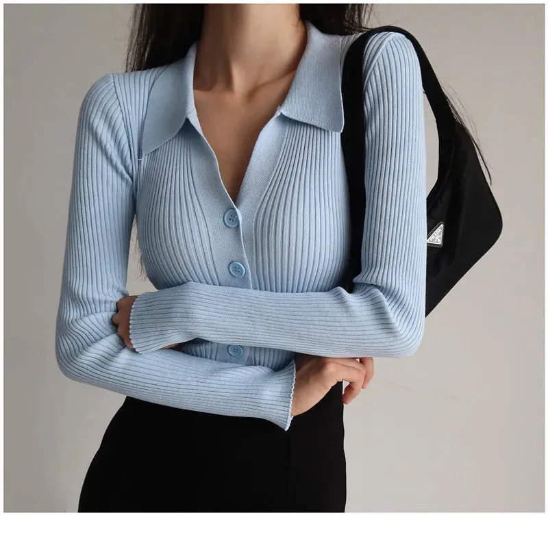 Women 2023 New Lapel Slim Slimming Tops Ladies Hollow Buttons Sexy V Neck Long Sleeve POLO Neck Knit Cardigan Sweater Women