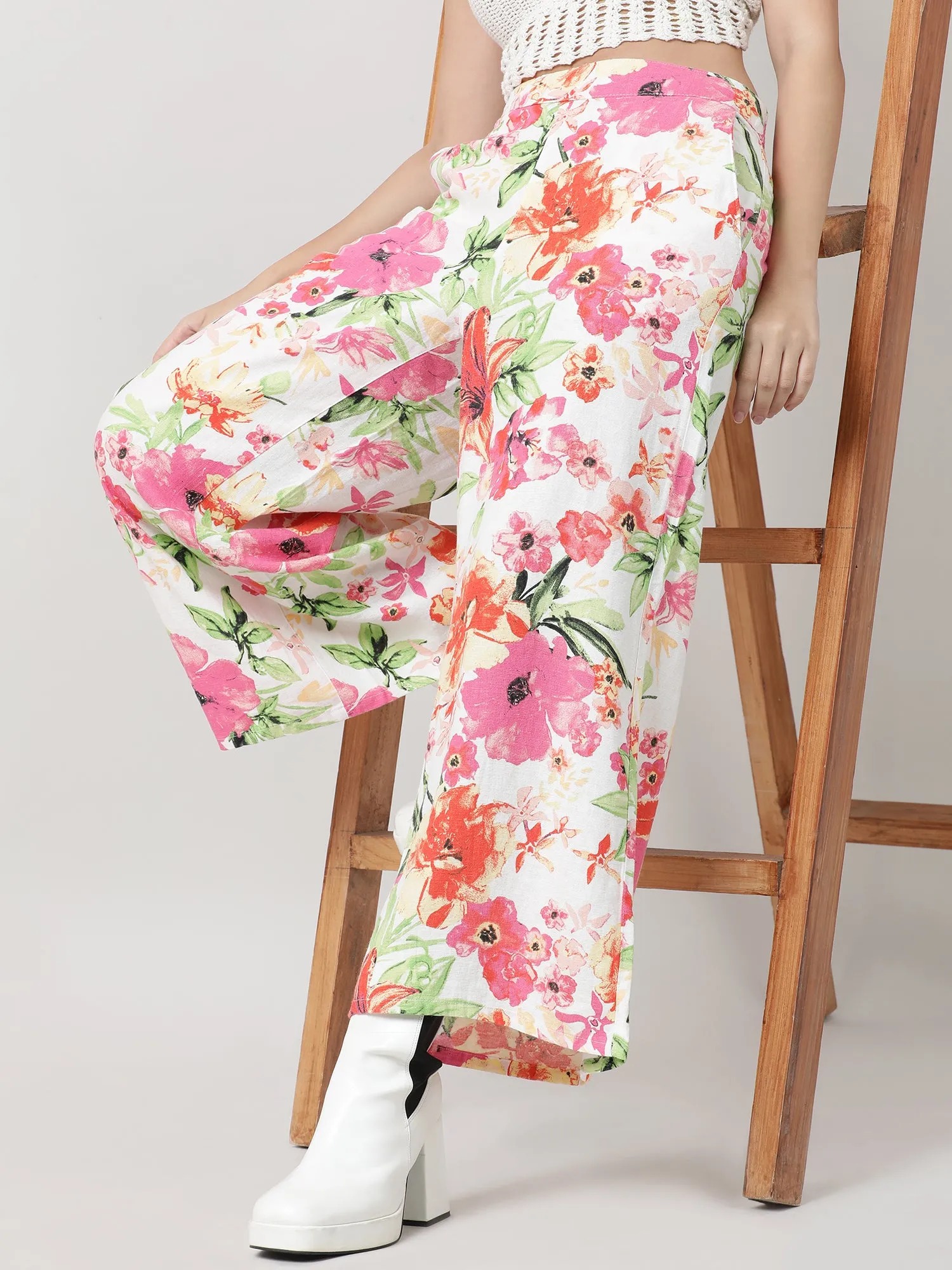 Women Loose Fit Pink Floral Print Pants