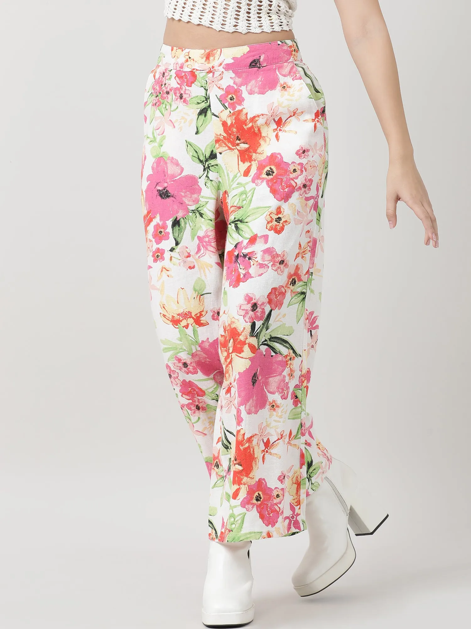 Women Loose Fit Pink Floral Print Pants