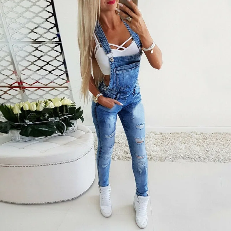 Women's Ripped Jeans Jumpsuit Mid Waist Denim Bib Overalls Romper