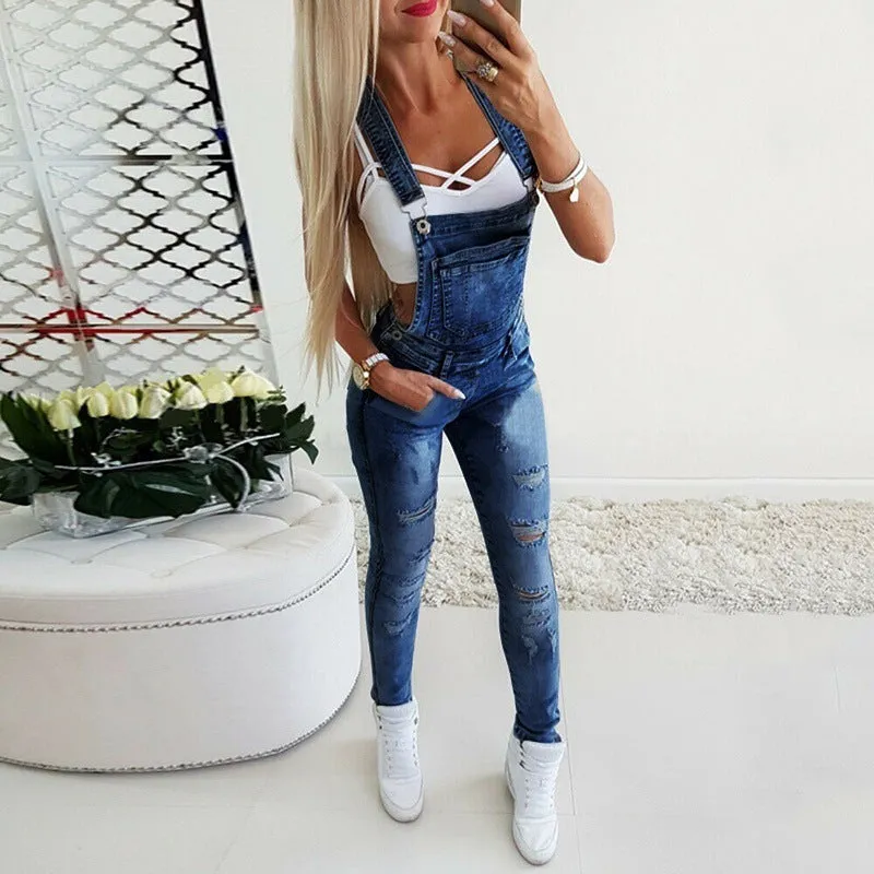 Women's Ripped Jeans Jumpsuit Mid Waist Denim Bib Overalls Romper